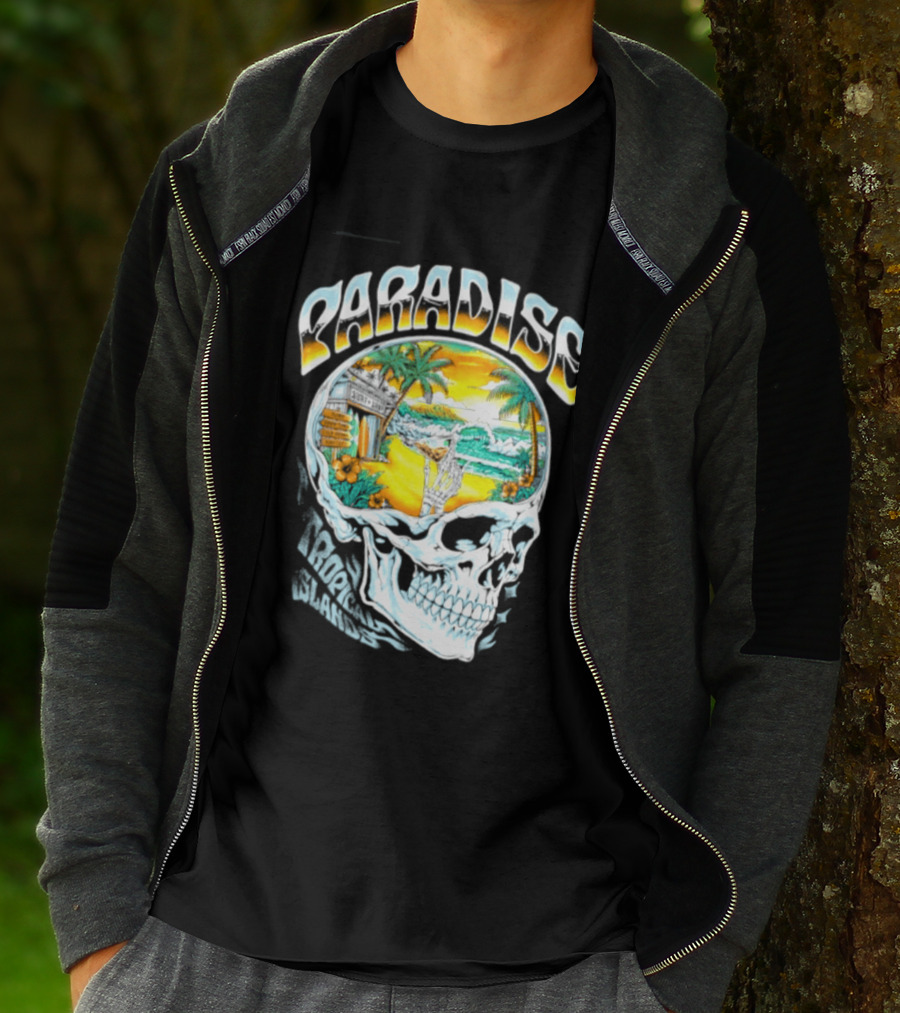 Paradise Tropical Island Skull Surf Shop Beach Scene T-Shirt