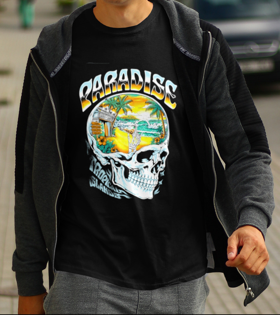 Paradise Tropical Island Skull Surf Shop Beach Scene T-Shirt