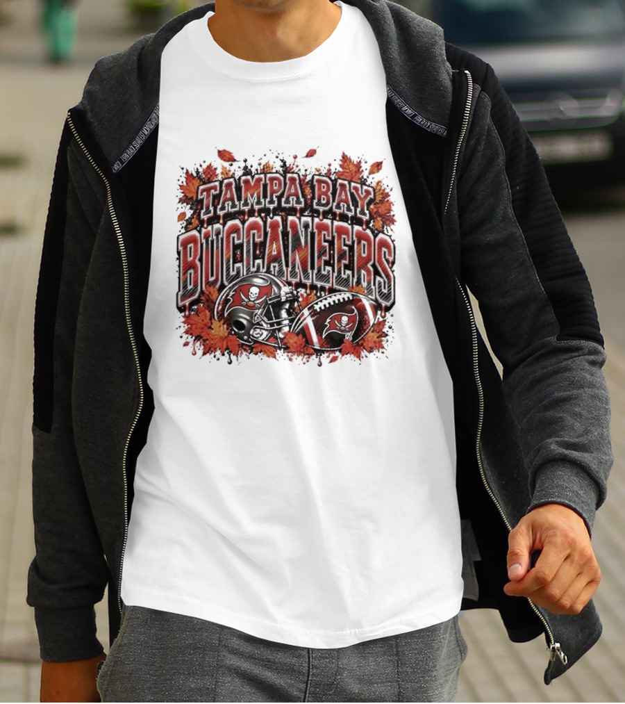 Tampa Bay Buccaneers Helmet And Football With Autumn Leaves Halloween 2026 T-Shirt