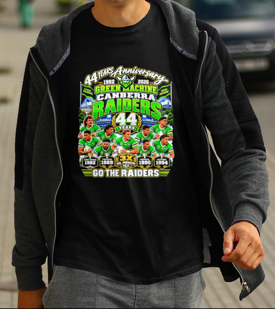 Canberra Raiders 44 Years Anniversary 1982 2026 Green Machine Celebrating 3X NRL Premiers Go The Raiders T-Shirt