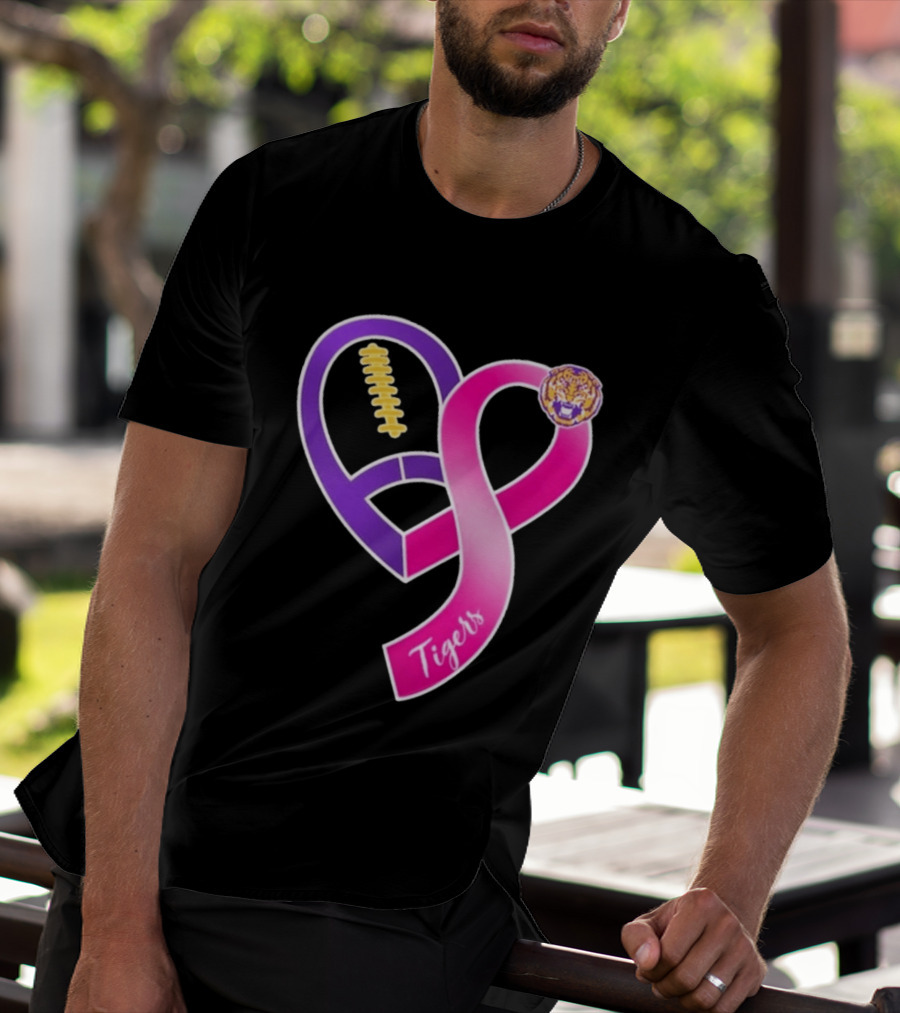 LSU Tigers Breast Cancer Awareness 2026 Heart Ribbon Football T-Shirt