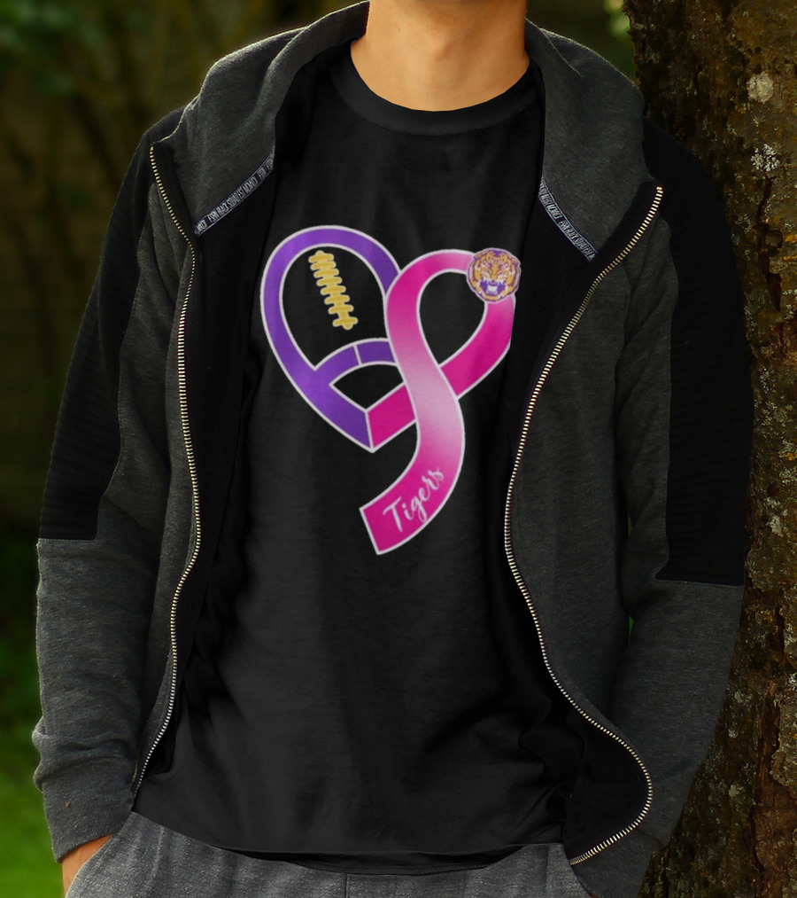 LSU Tigers Breast Cancer Awareness 2026 Heart Ribbon Football T-Shirt