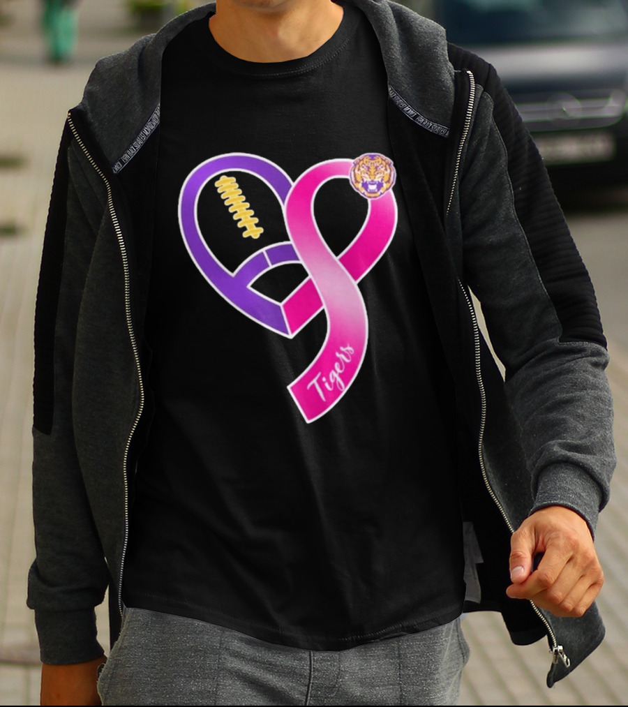 LSU Tigers Breast Cancer Awareness 2026 Heart Ribbon Football T-Shirt