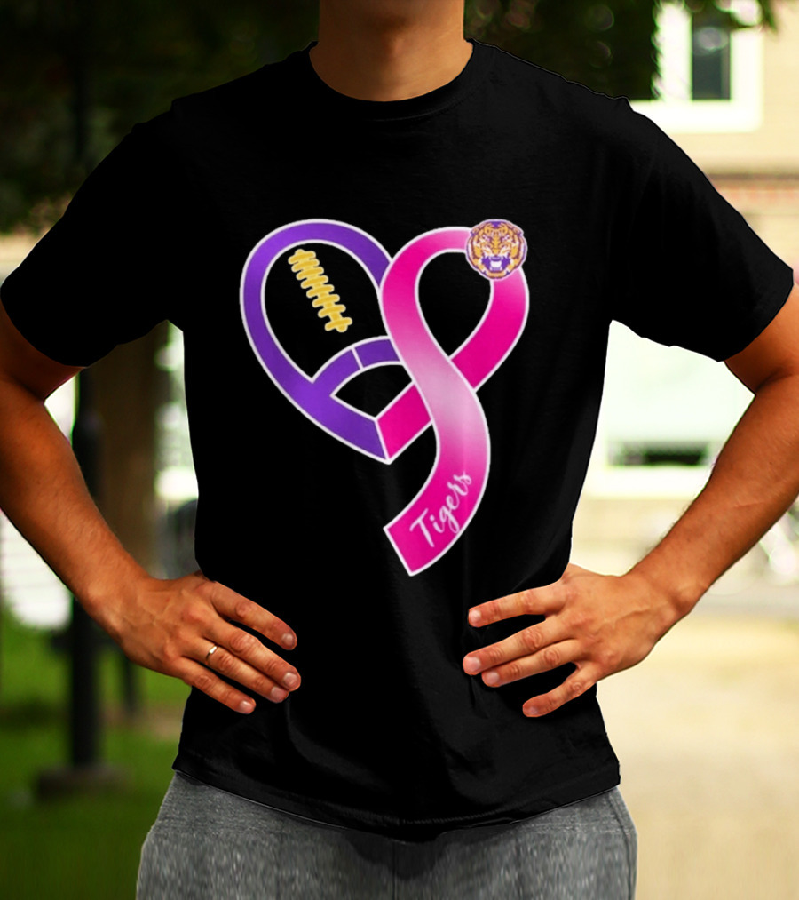 LSU Tigers Breast Cancer Awareness 2026 Heart Ribbon Football T-Shirt