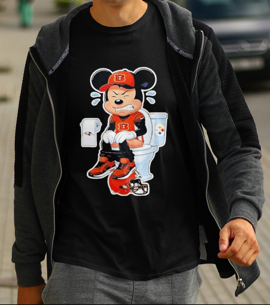 Mickey Cincinnati Bengals Mascot On Toilet Rival Baltimore Ravens Steelers Football Helmet T-Shirt