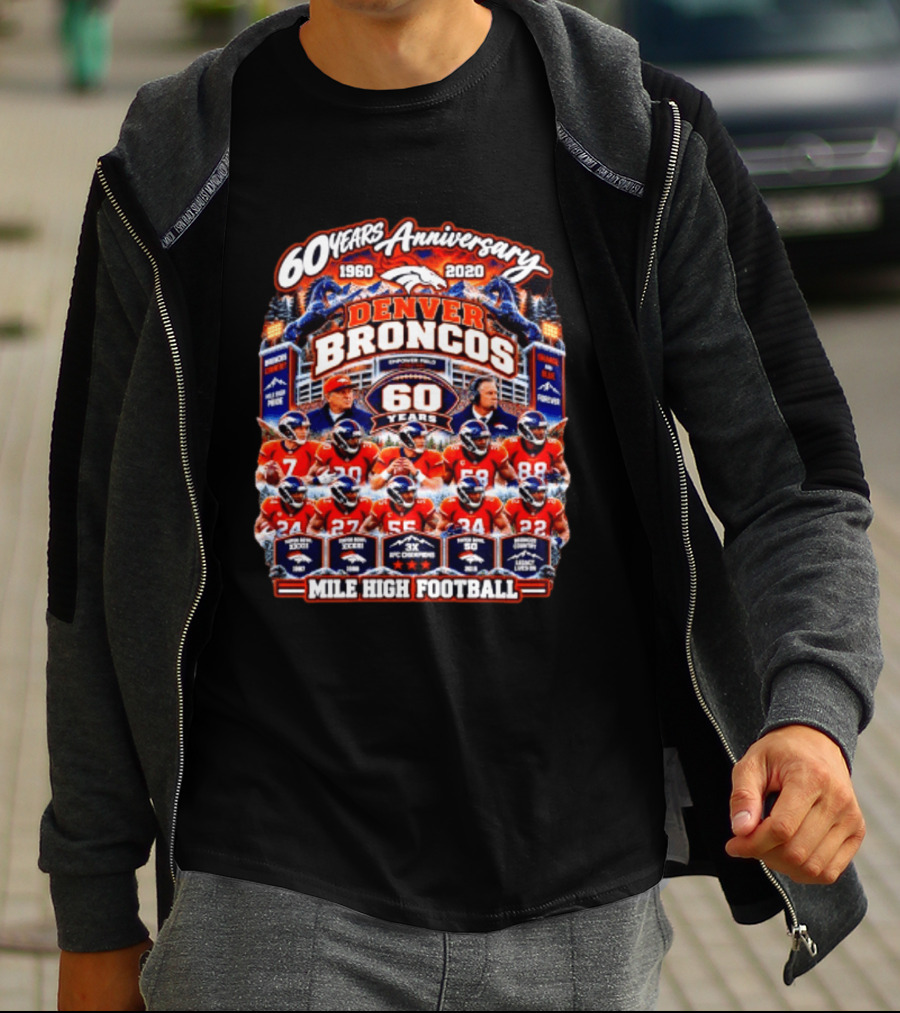 Denver Broncos 60 Years Anniversary 1960 2020 Mile High Football Champions Iconic Moments T-Shirt