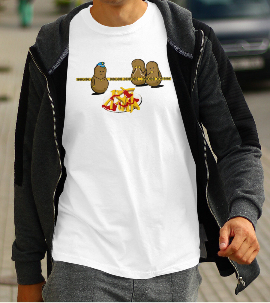 Crime Scene Do Not Cross Potato Fries Funny Cartoon Mash Up T-Shirt