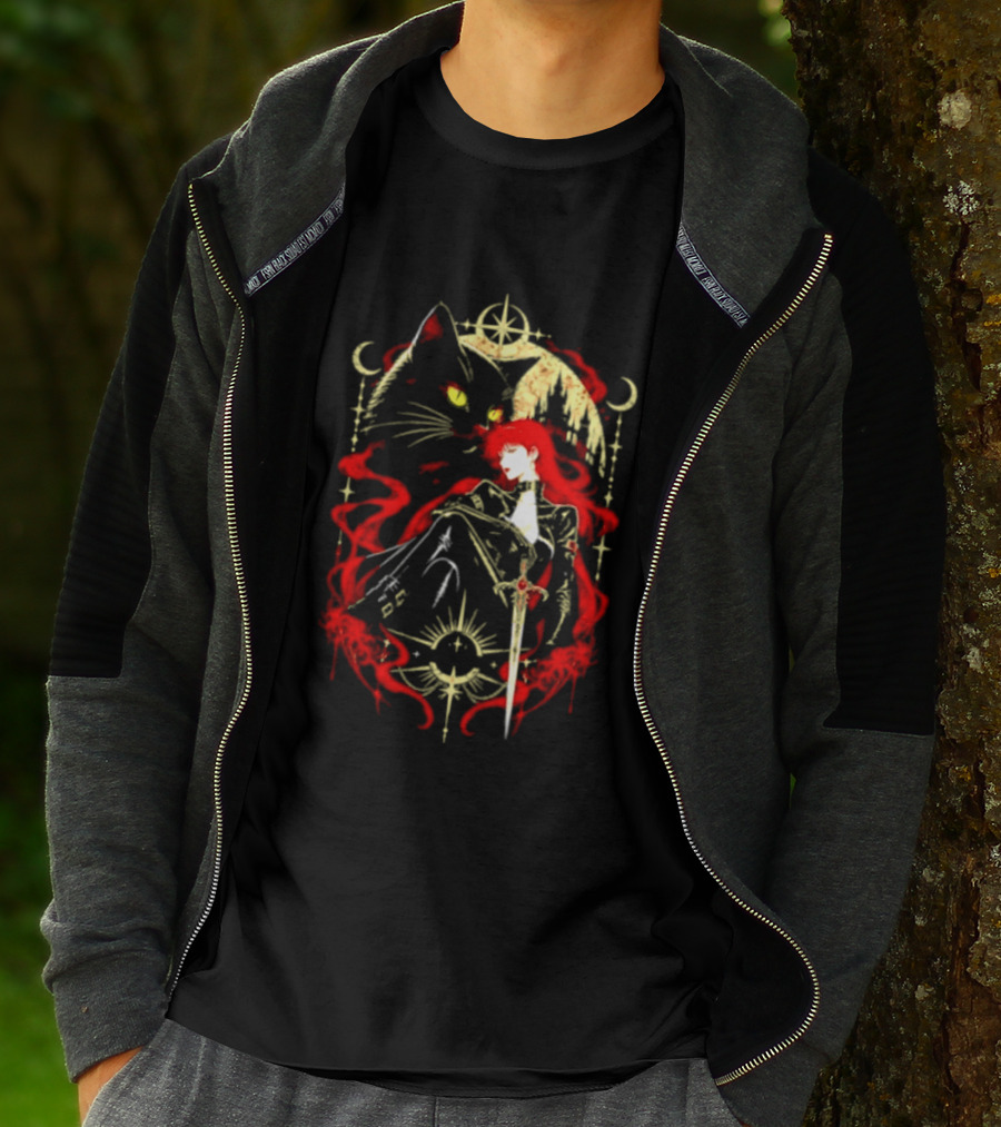 Gothic Red Haired Woman Black Cat Sword Magical T-Shirt