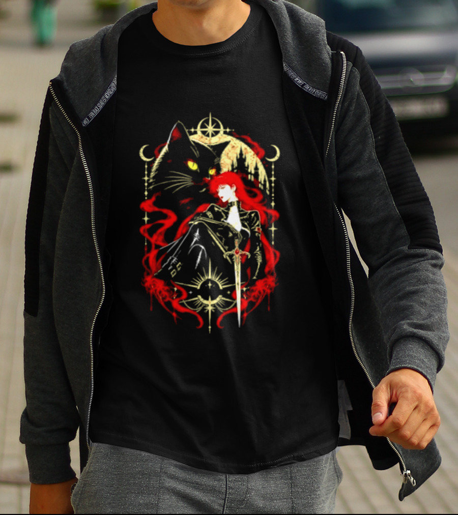Gothic Red Haired Woman Black Cat Sword Magical T-Shirt