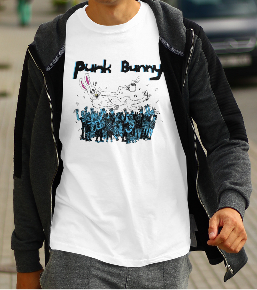 Punk Bunny Coffee Cup Crowd Green Day Style White T-Shirt
