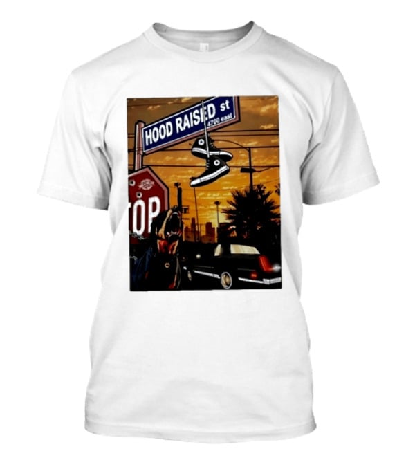 Hood Raised Street 4700 East Rottweiler Lowrider Sneakers And Sunset Urban Scene T-Shirt