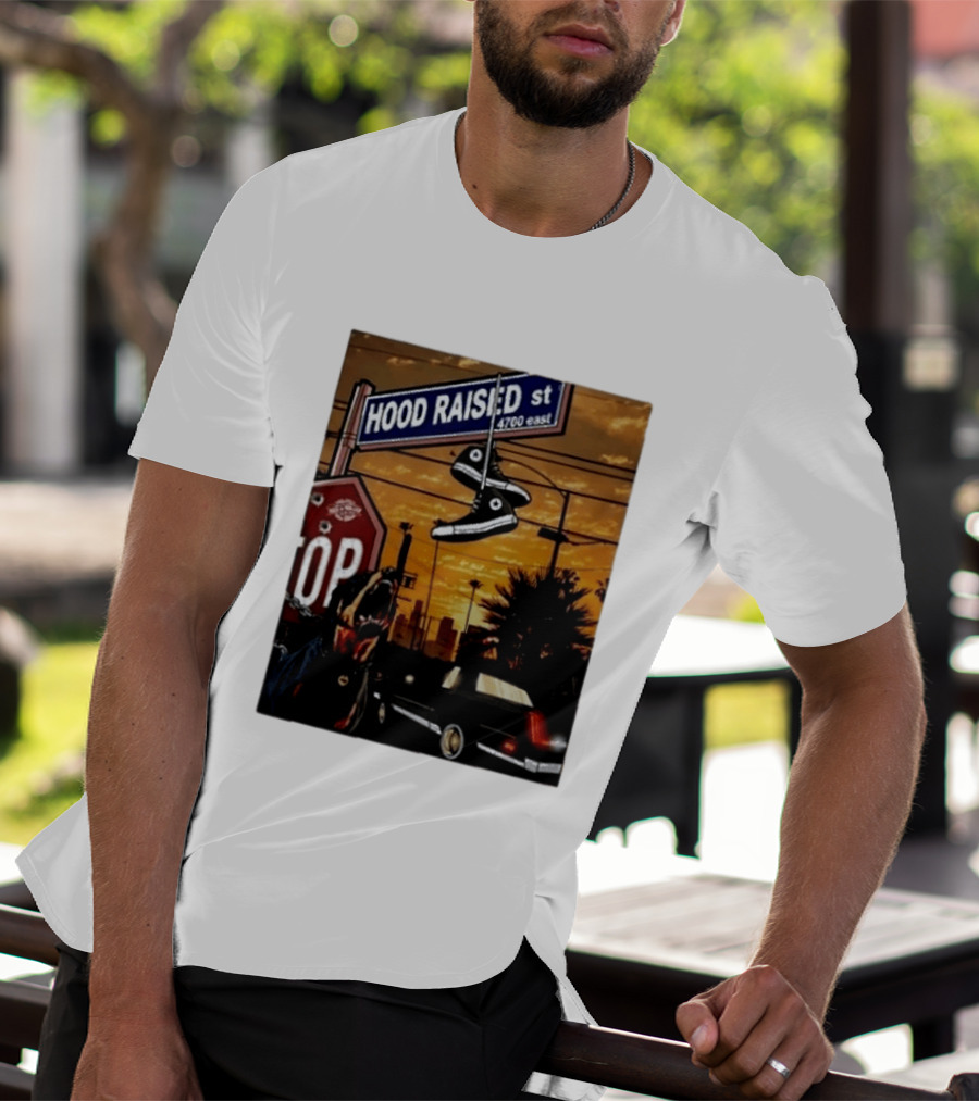 Hood Raised Street 4700 East Rottweiler Lowrider Sneakers And Sunset Urban Scene T-Shirt