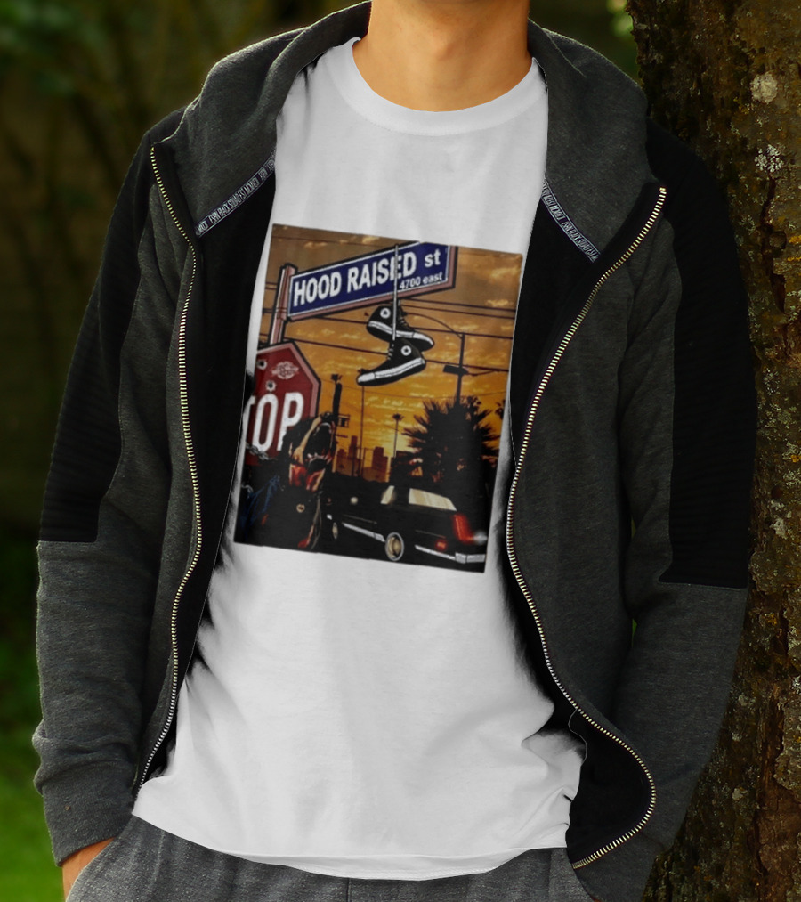Hood Raised Street 4700 East Rottweiler Lowrider Sneakers And Sunset Urban Scene T-Shirt