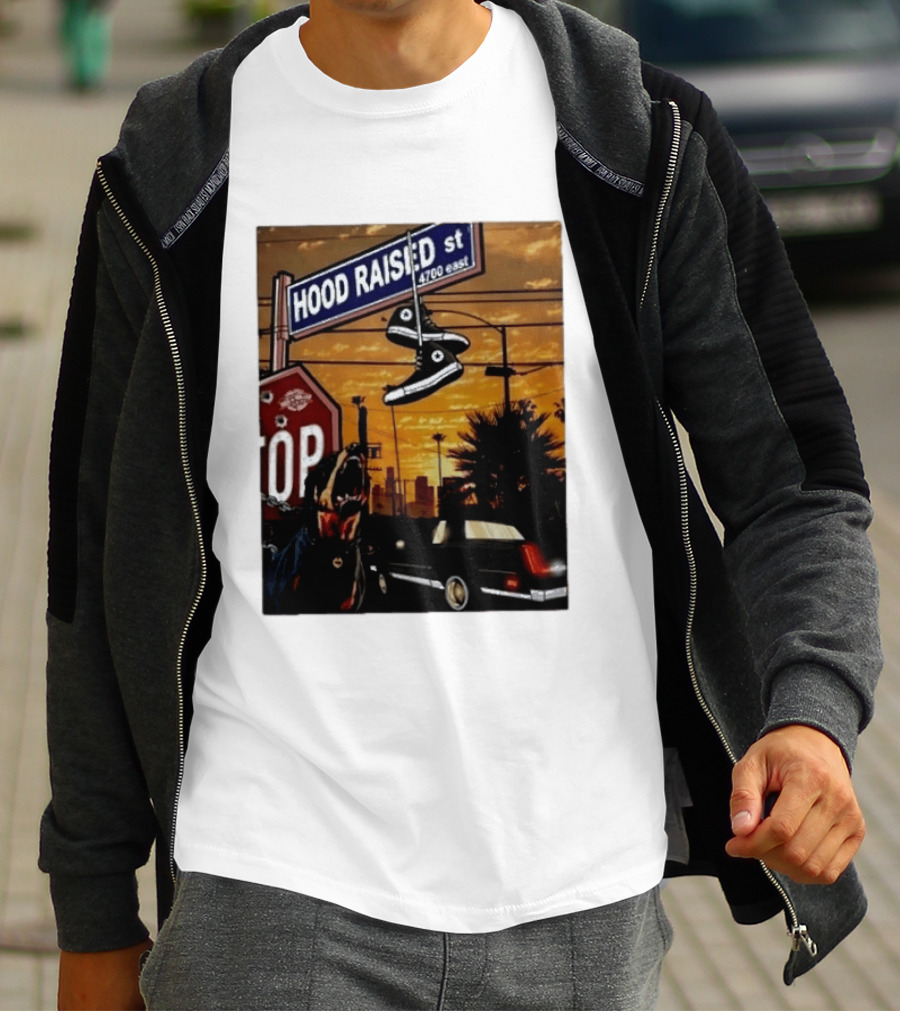 Hood Raised Street 4700 East Rottweiler Lowrider Sneakers And Sunset Urban Scene T-Shirt