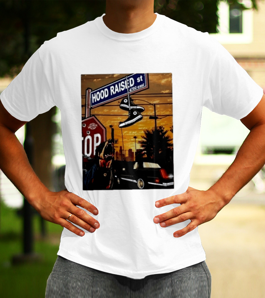 Hood Raised Street 4700 East Rottweiler Lowrider Sneakers And Sunset Urban Scene T-Shirt