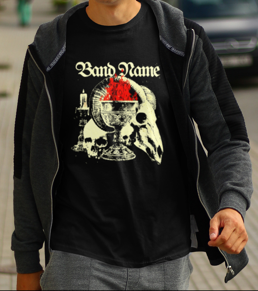 Band Name Skull Chalice Candle Flames Heavy Metal T-Shirt