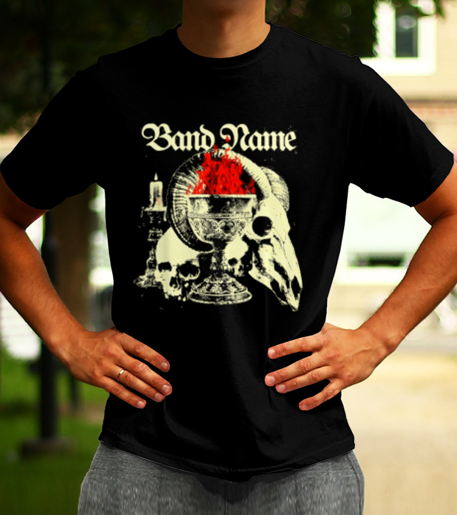 Band Name Skull Chalice Candle Flames Heavy Metal T-Shirt