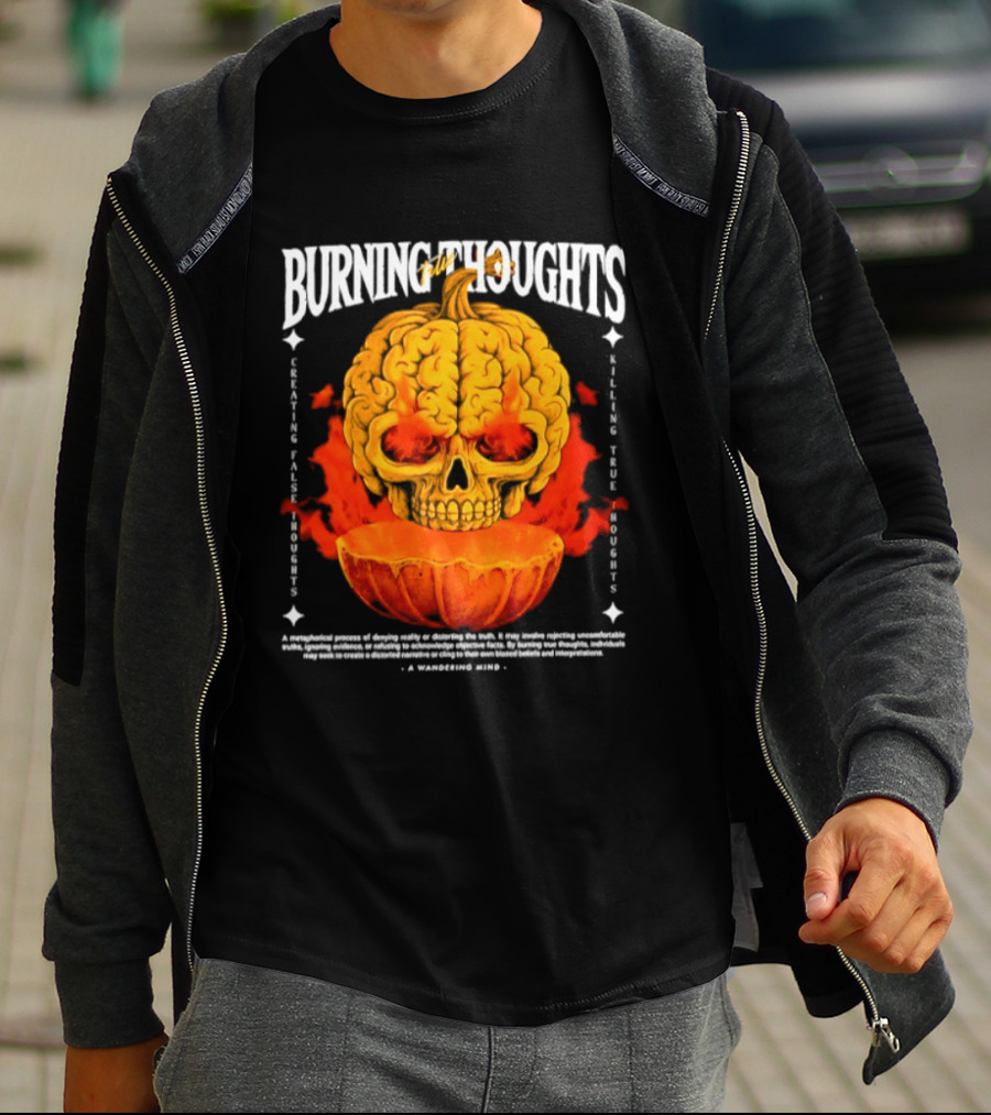 Burning Thoughts Halloween Skull Pumpkin Fire Poem T-Shirt