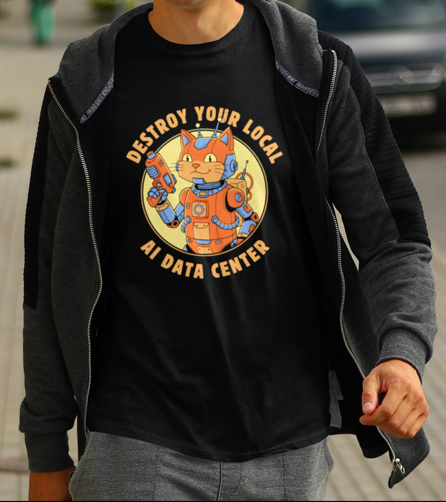 Destroy Your Local AI Data Center Robot Cat Retro Futuristic T-Shirt