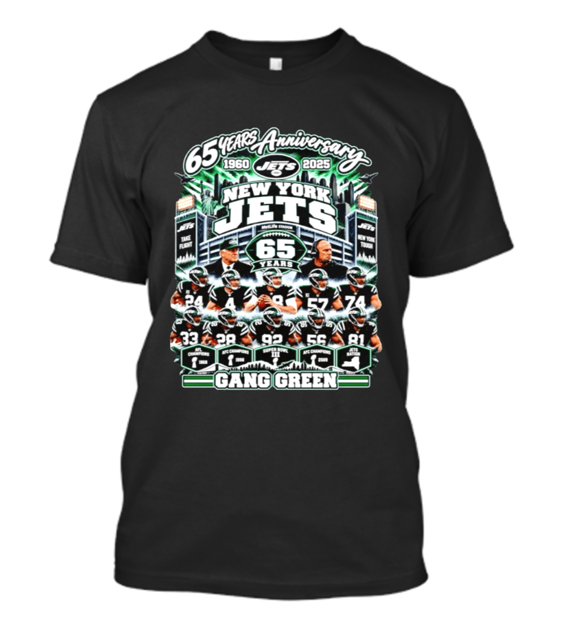 New York Jets 65 Years Anniversary 1960 2025 MetLife Stadium Gang Green NFL Champions T-Shirt