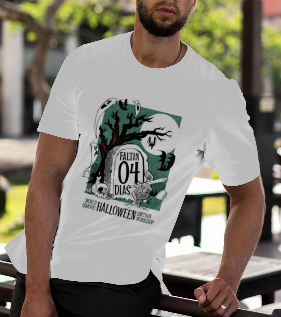 Faltan 04 Dias World Famous Halloween Cartoon Workshop Spooky Tree And Bats T-Shirt
