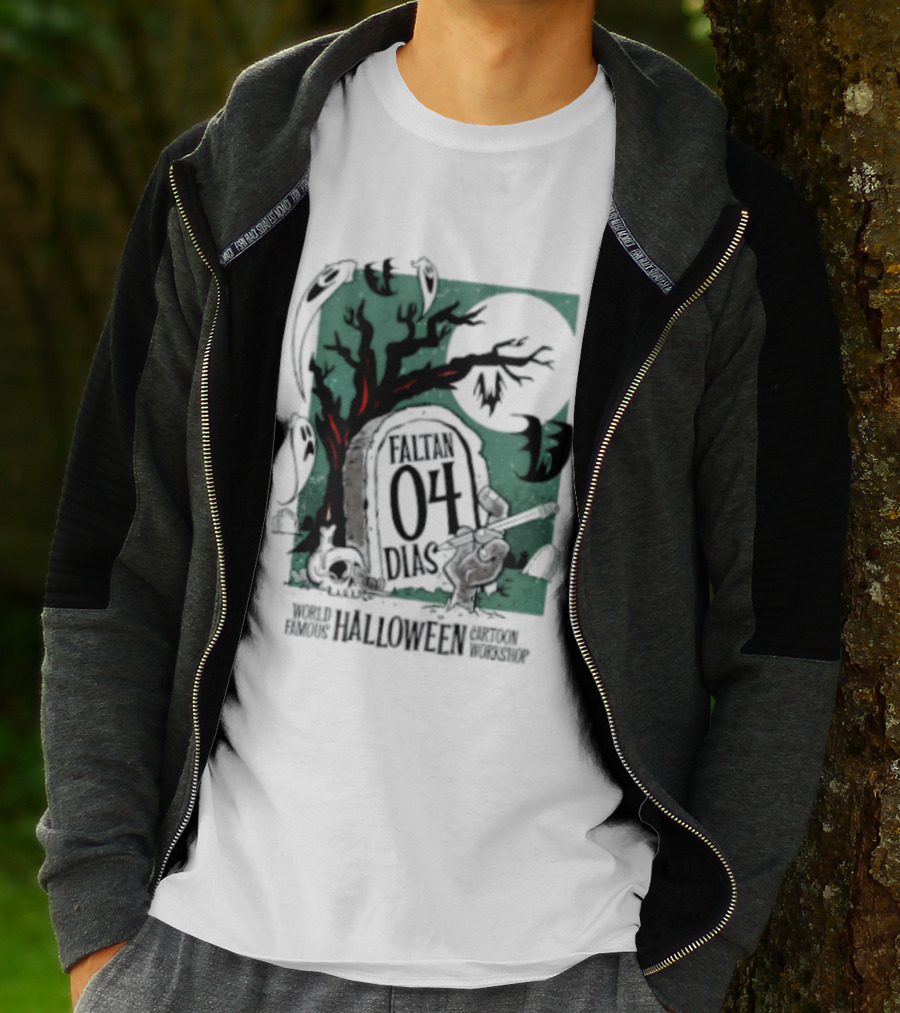 Faltan 04 Dias World Famous Halloween Cartoon Workshop Spooky Tree And Bats T-Shirt