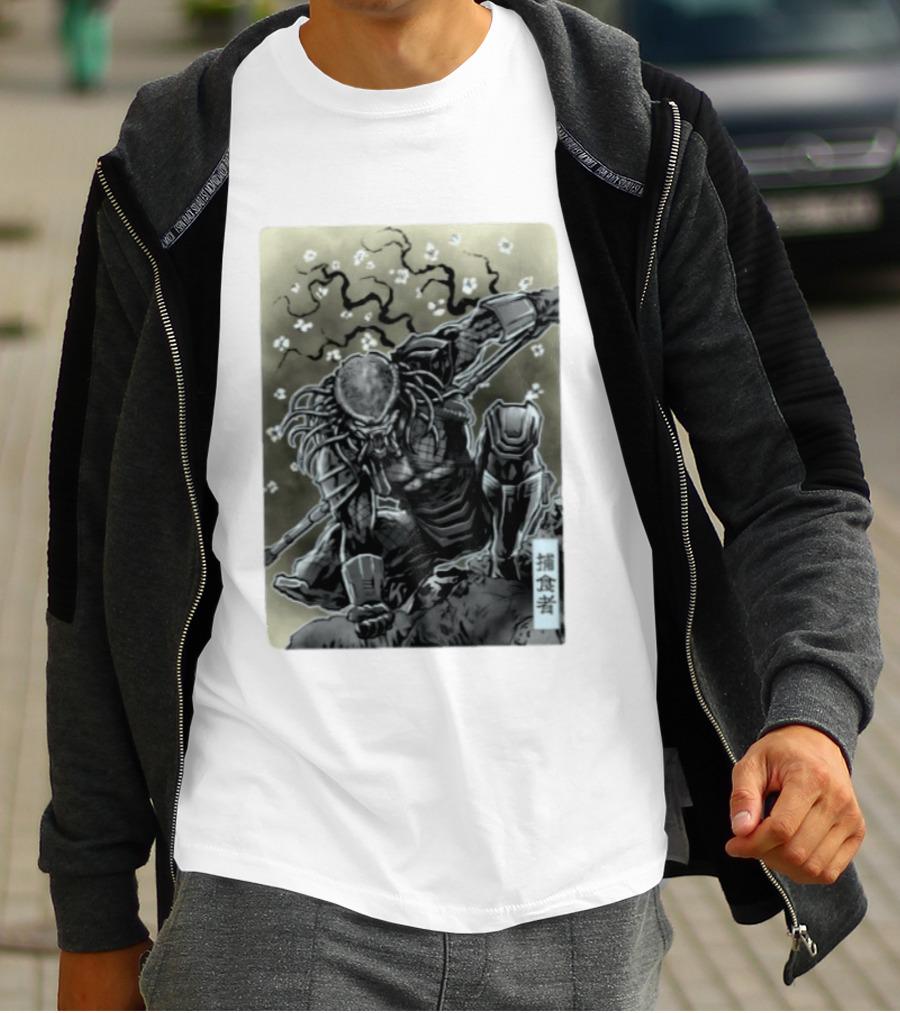 Yautja Samurai Mashup With Cherry Blossoms T-Shirt