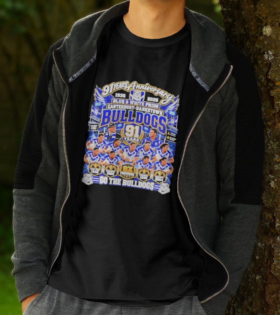 91 Years Anniversary 1935 2026 Canterbury Bankstown Bulldogs Blue White Pride Go The Bulldogs 8x Premiers T-Shirt