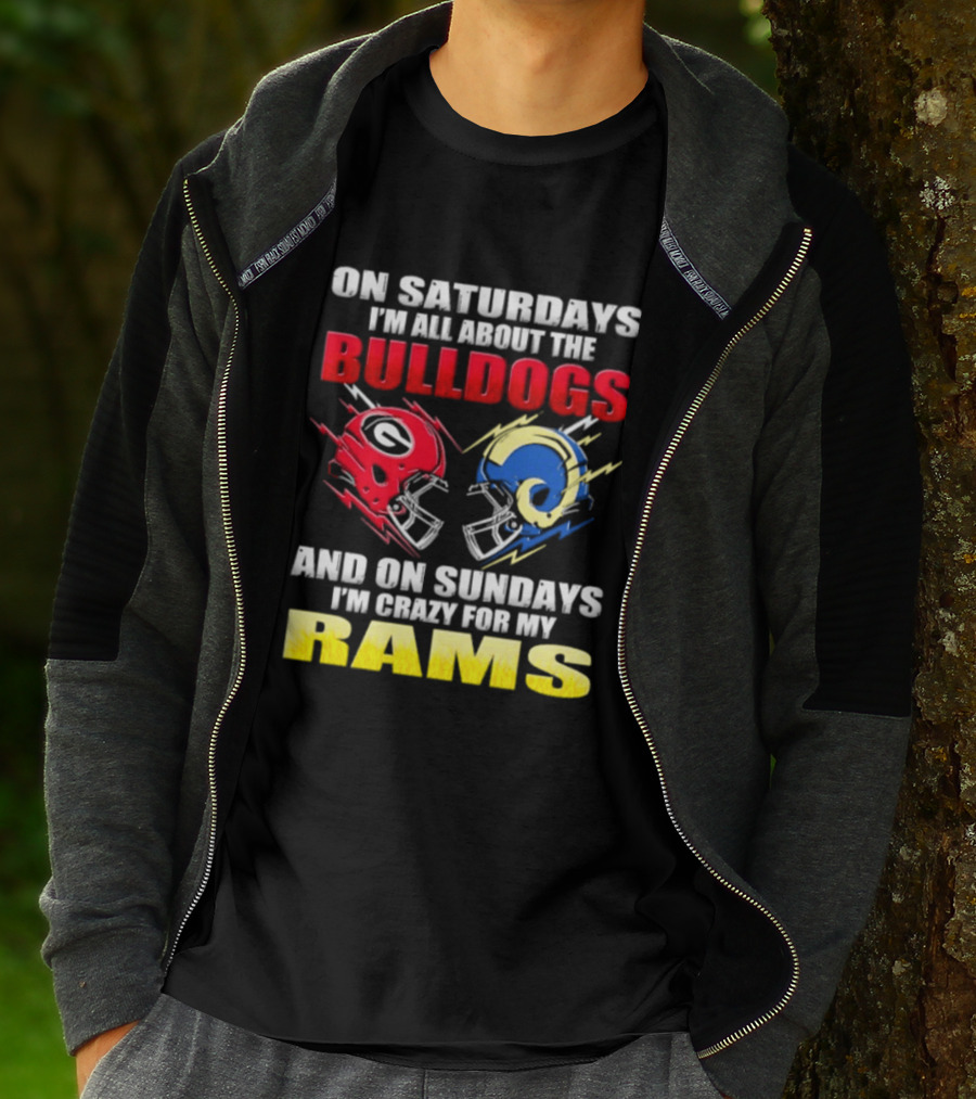 On Saturdays I'm All About The Bulldogs Red And Sundays Crazy For My Rams Helmet Football T-Shirt