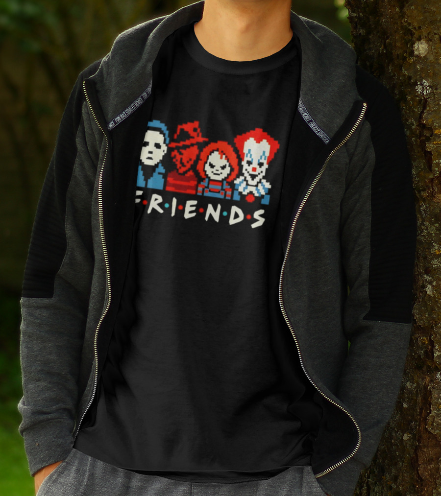 Friends Horror Movie Characters Pixel Art Michael Freddy Chucky Pennywise T-Shirt