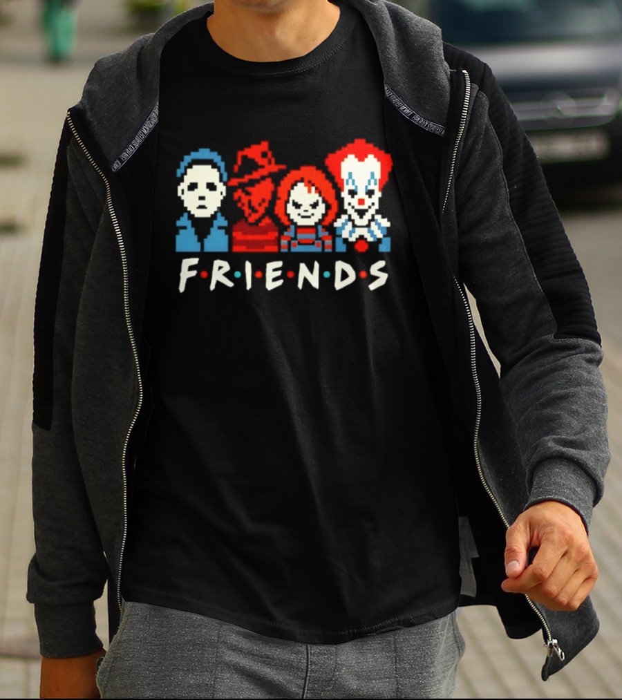 Friends Horror Movie Characters Pixel Art Michael Freddy Chucky Pennywise T-Shirt