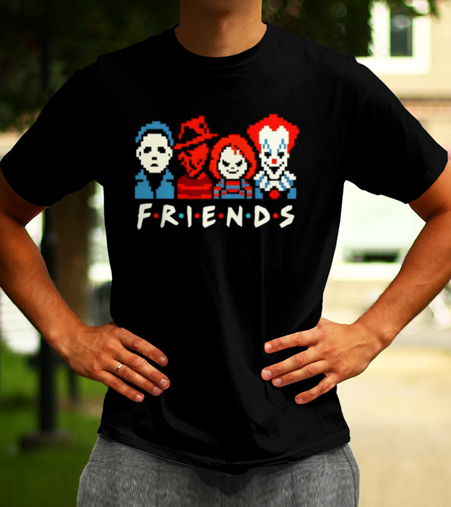 Friends Horror Movie Characters Pixel Art Michael Freddy Chucky Pennywise T-Shirt