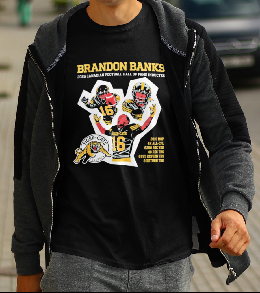 Brandon Banks 2026 Canadian Football Hall Of Fame Inductee Hamilton Tiger Cats Number 16 CFL All Star T-Shirt