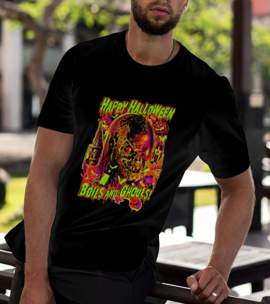 Happy Halloween Boils And Ghouls Horror Zombie Pumpkins Candles Spooky Scene T-Shirt