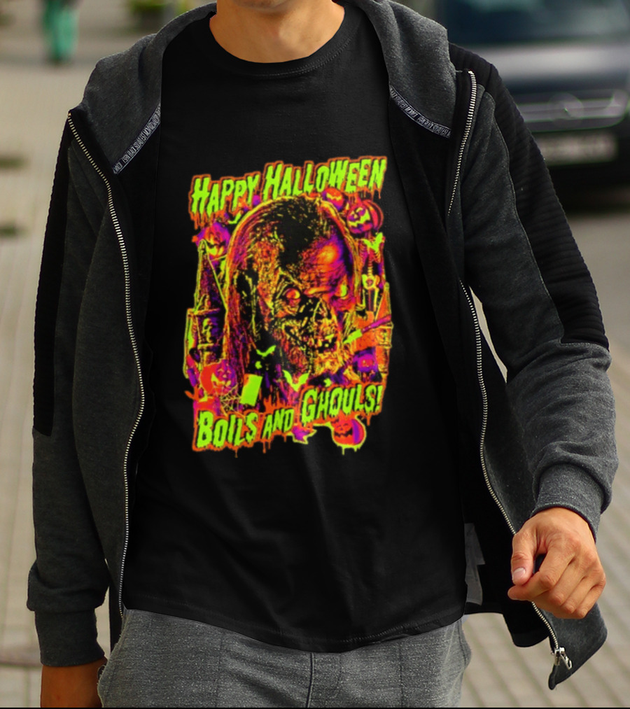Happy Halloween Boils And Ghouls Horror Zombie Pumpkins Candles Spooky Scene T-Shirt
