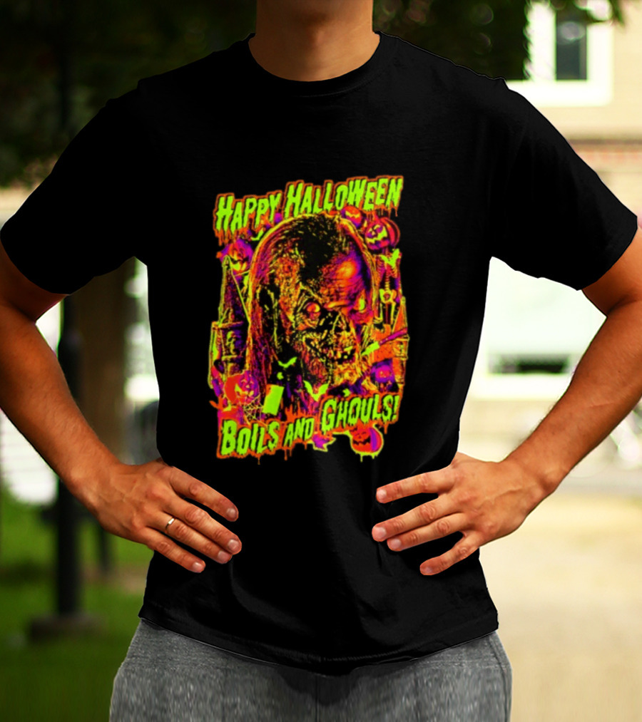 Happy Halloween Boils And Ghouls Horror Zombie Pumpkins Candles Spooky Scene T-Shirt