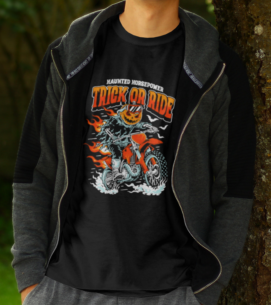 Haunted Horsepower Trick Or Ride Halloween Pumpkin Motorcycle Flames T-Shirt