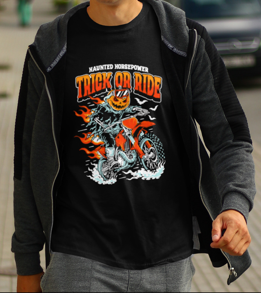 Haunted Horsepower Trick Or Ride Halloween Pumpkin Motorcycle Flames T-Shirt