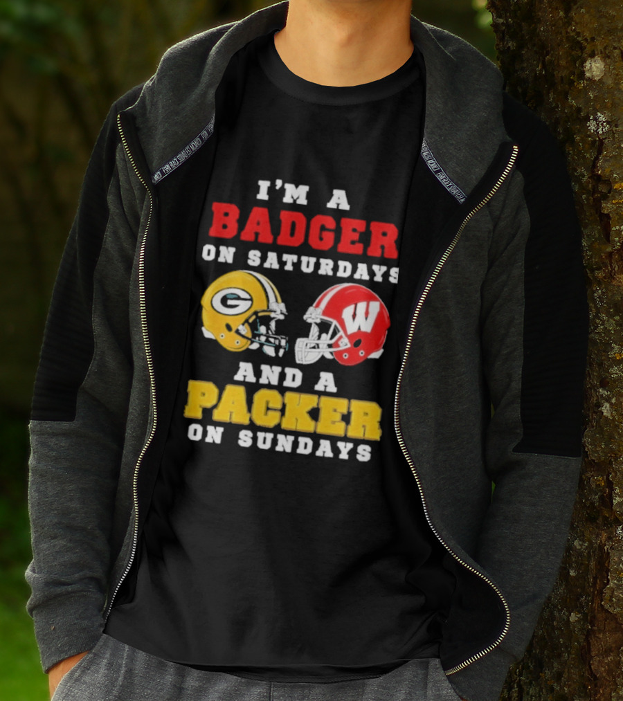 I'm A Badger On Saturdays Green Bay Packer On Sundays Football Helmet Rivalry T-Shirt