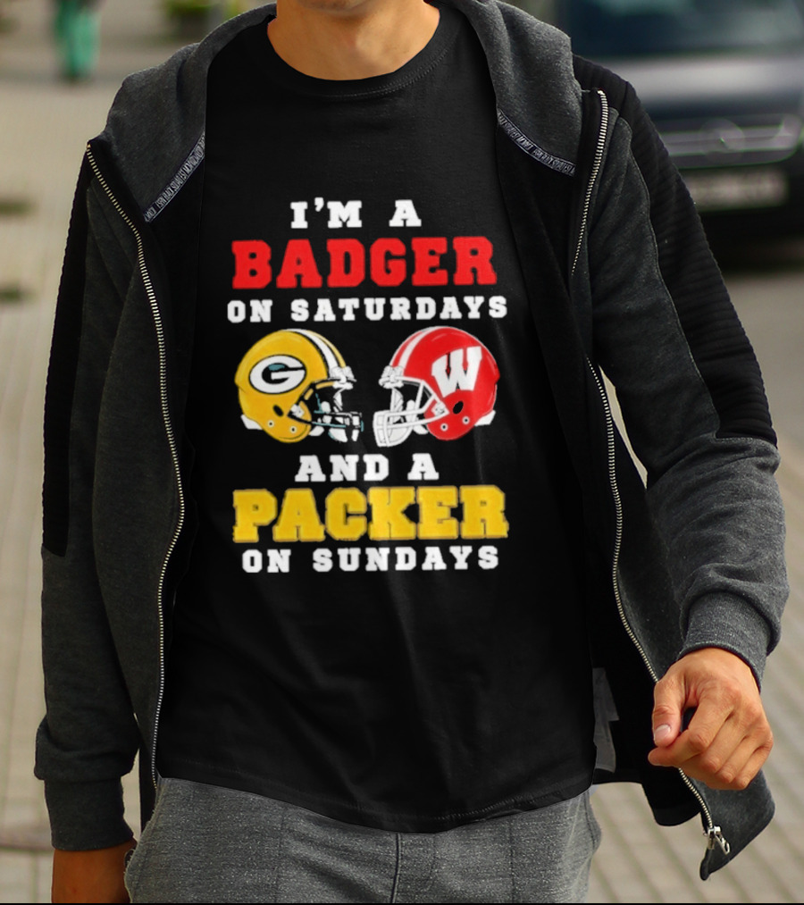 I'm A Badger On Saturdays Green Bay Packer On Sundays Football Helmet Rivalry T-Shirt