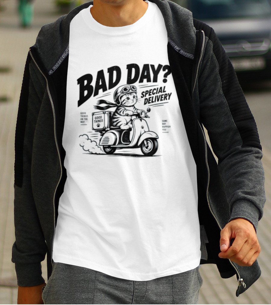 Bad Day Special Delivery Scooter Cat Adventure T-Shirt