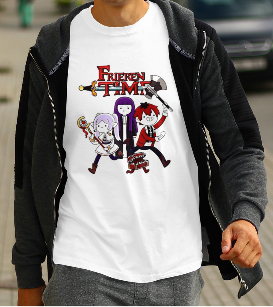 Frieren Time Adventure Time Anime Crossover Characters With Weapons And Staff T-Shirt
