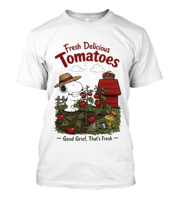 Snoopy Fresh Delicious Tomatoes Good Grief That's Fresh Garden Scene T-Shirt