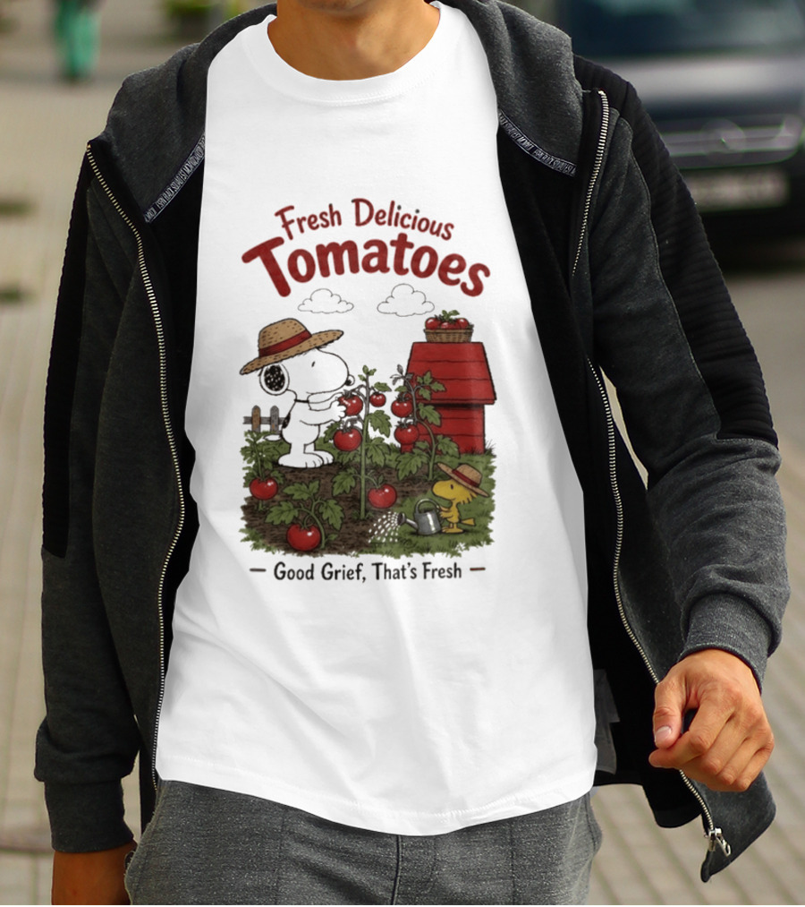 Snoopy Fresh Delicious Tomatoes Good Grief That's Fresh Garden Scene T-Shirt