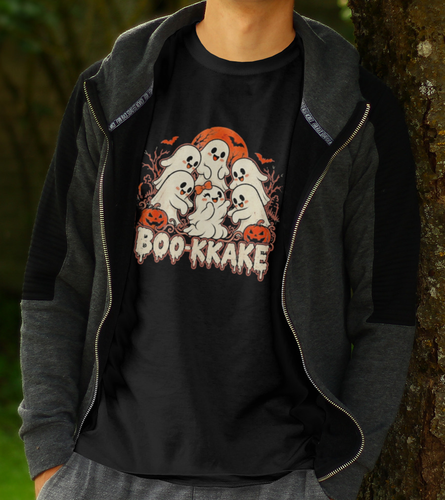 Boo Kkake Japanese Halloween Ghosts Pumpkins Bats Orange Moon T-Shirt