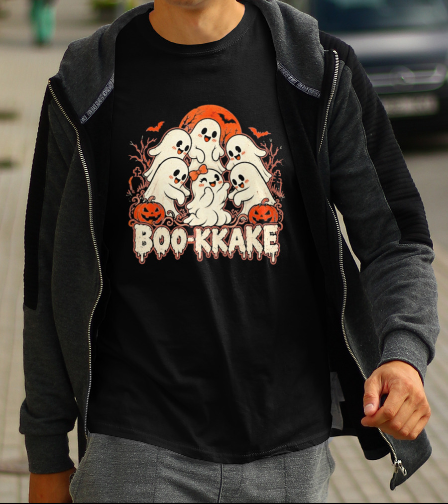 Boo Kkake Japanese Halloween Ghosts Pumpkins Bats Orange Moon T-Shirt
