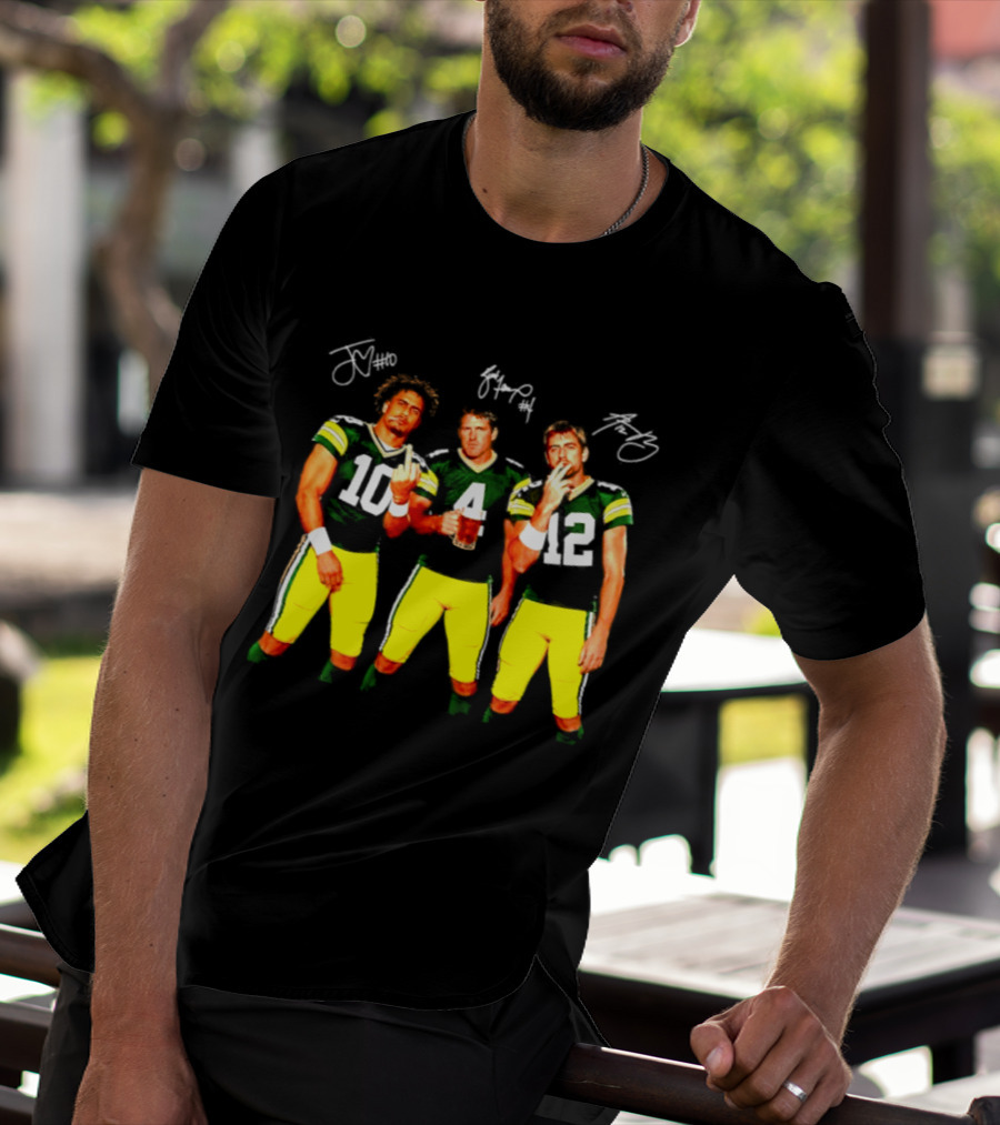 Brett Favre Aaron Rodgers Jordan Love Green Bay Packers Middle Finger Beer Smoking Signatures T-Shirt