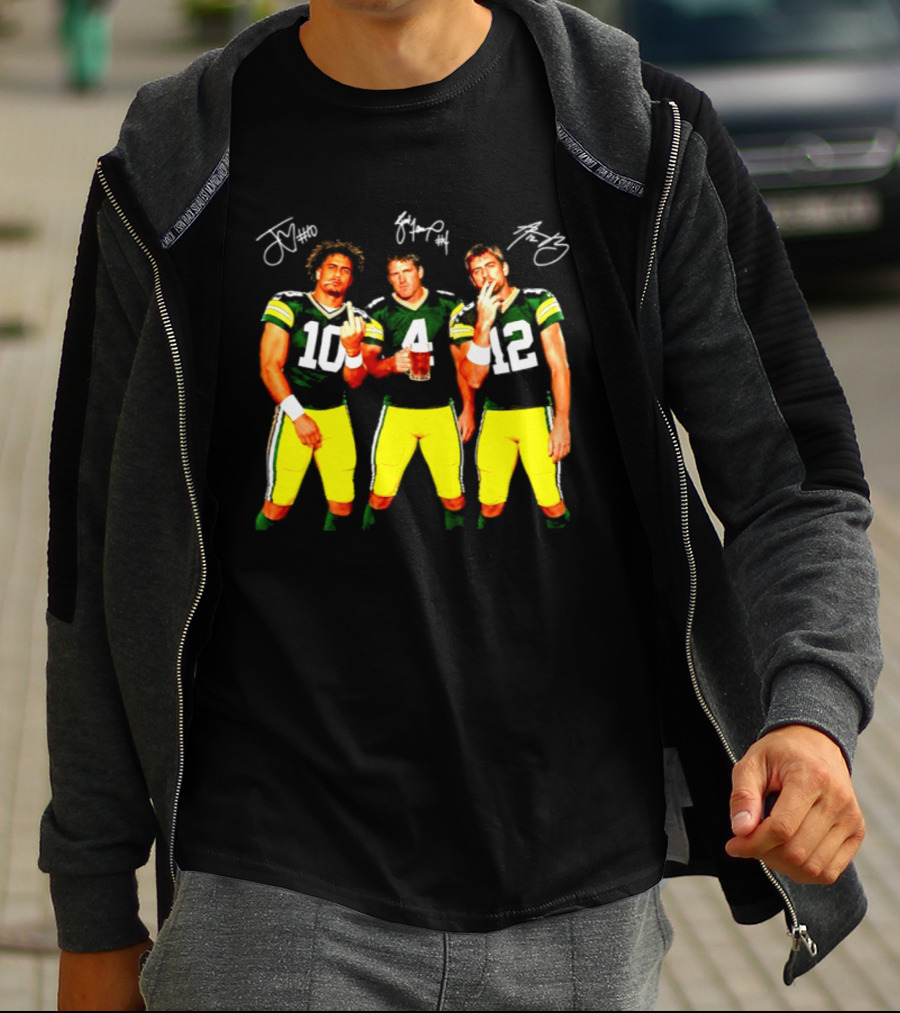 Brett Favre Aaron Rodgers Jordan Love Green Bay Packers Middle Finger Beer Smoking Signatures T-Shirt