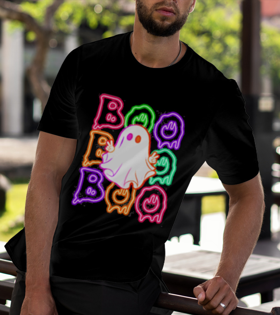 Ghost Boo Neon Halloween Spooky Bright T-Shirt