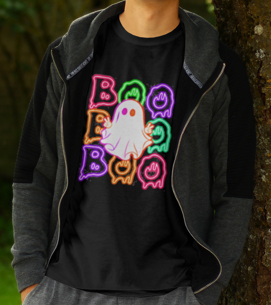 Ghost Boo Neon Halloween Spooky Bright T-Shirt